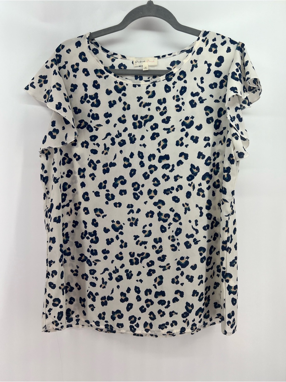 Perfect Peach White Navy Leopard Print Flutter Sleeve Top M Medium - Picture 4 of 8